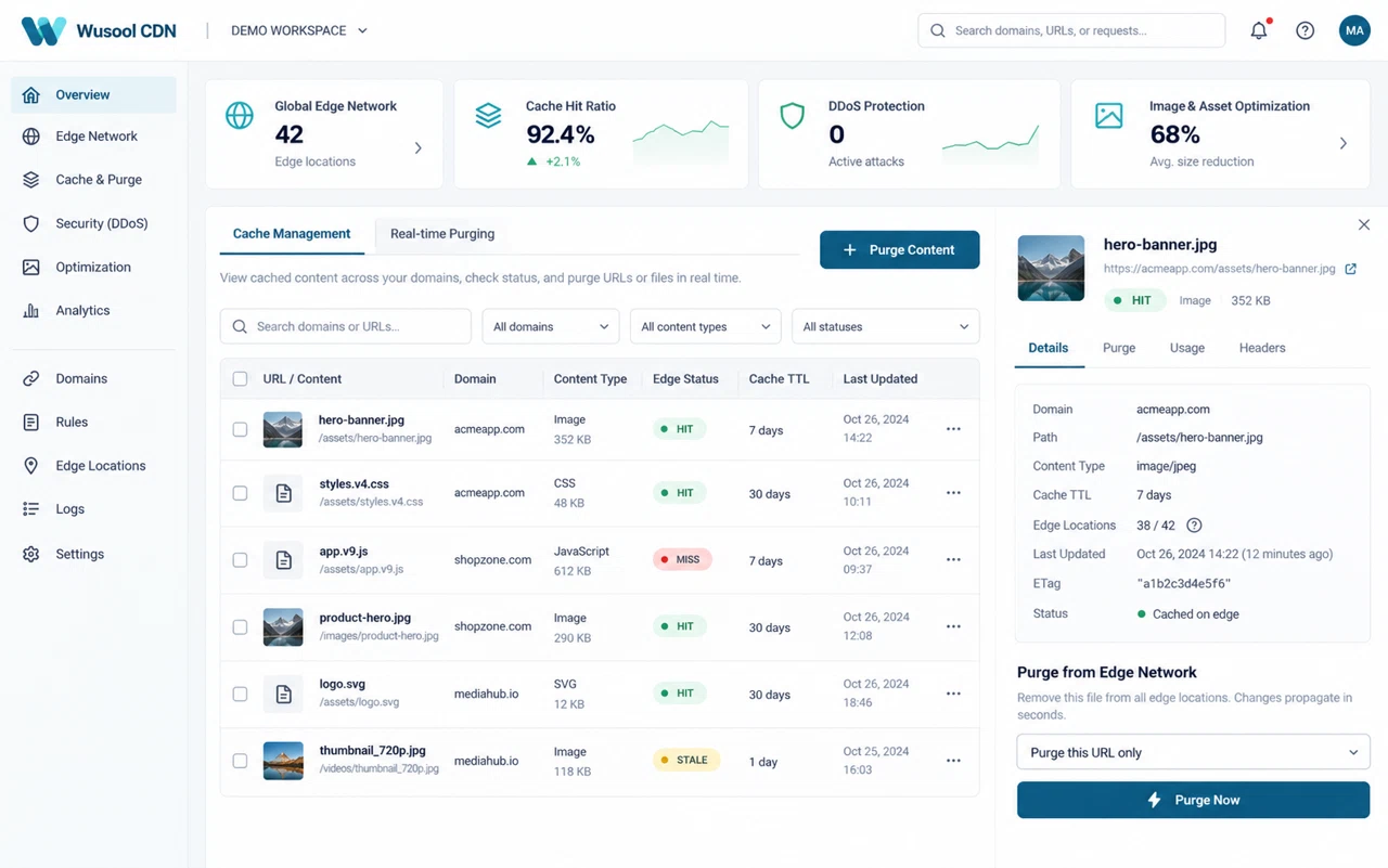 Wusool CDN illustrative dashboard with fictional demonstration data