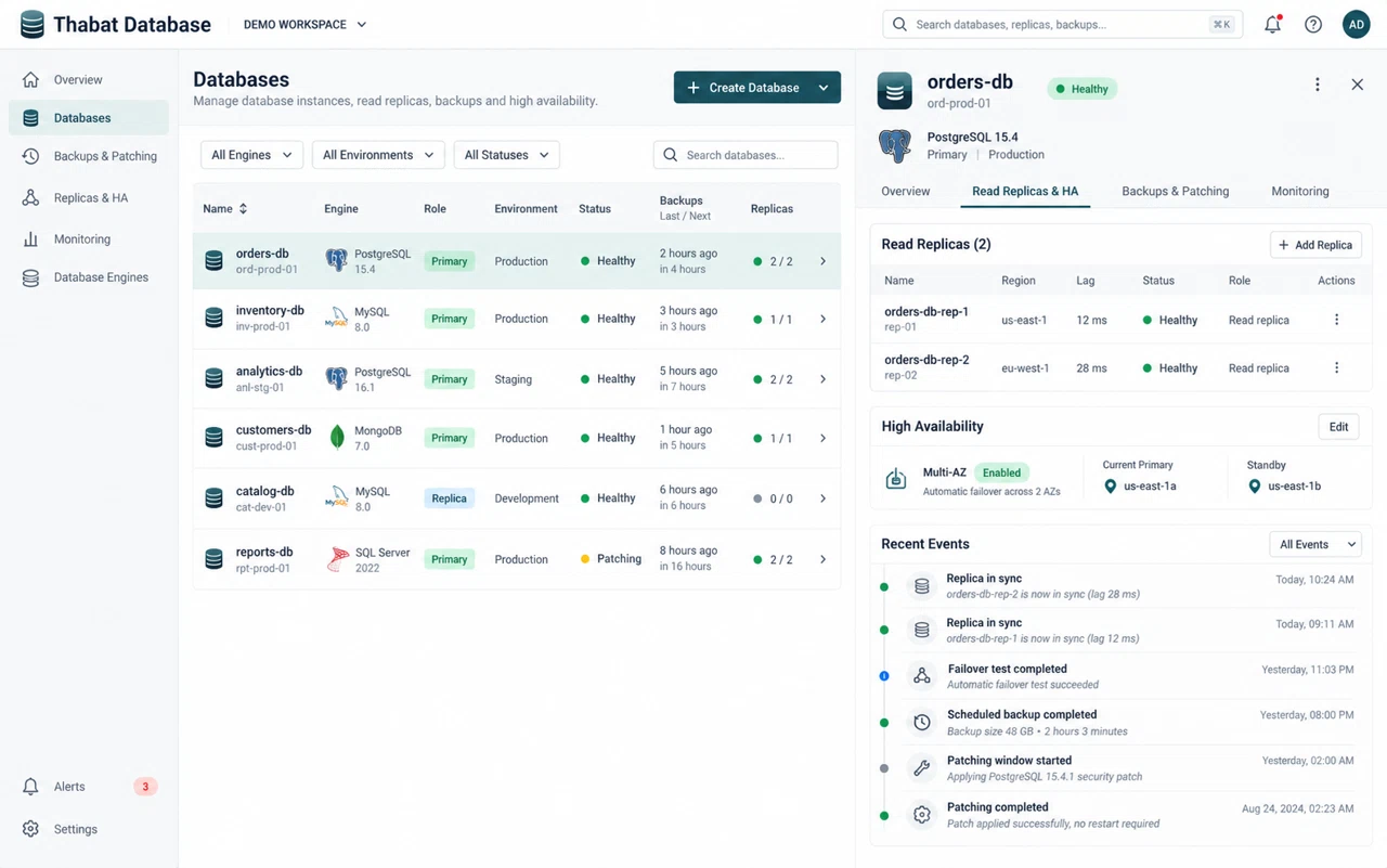 Thabat Database illustrative dashboard with fictional demonstration data