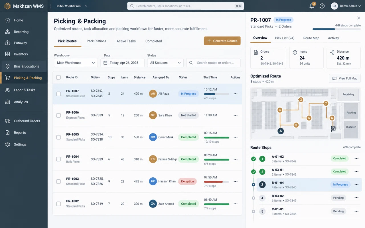 Makhzan WMS illustrative dashboard with fictional demonstration data