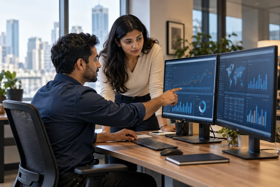 Illustrative analysts reviewing business data dashboards