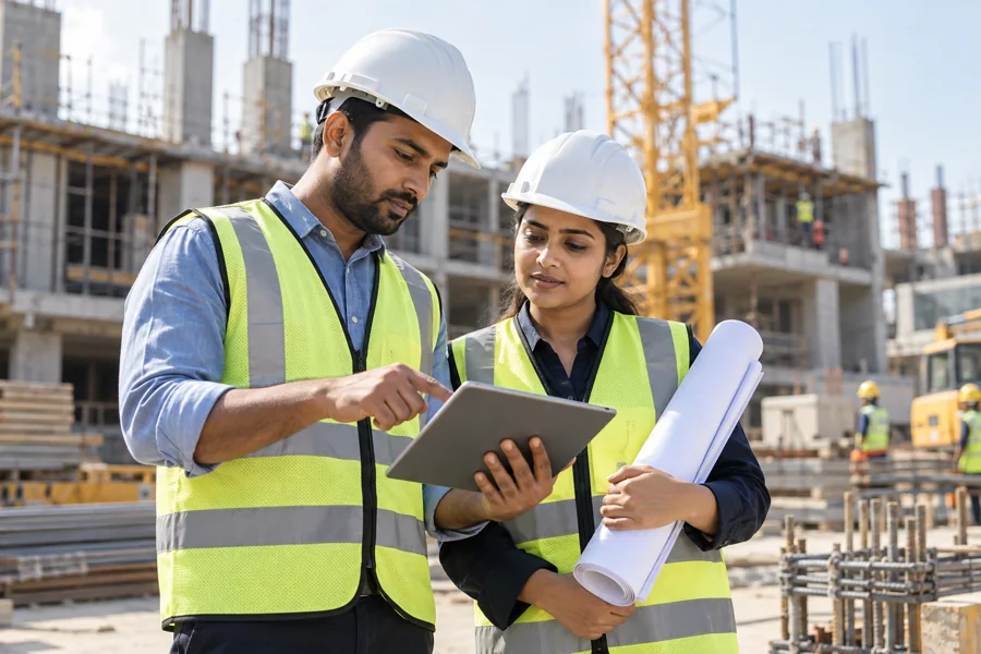 صورة توضيحية لمهندسي إنشاءات يراجعون مخططات وجهازًا لوحيًا في الموقع