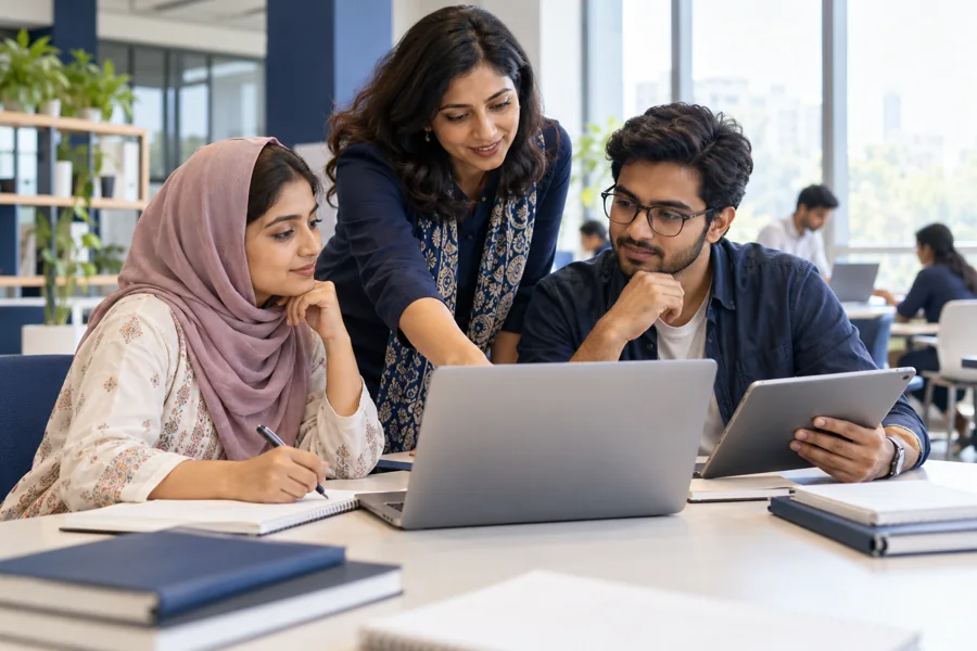Illustrative instructor and adult students discussing a learning platform