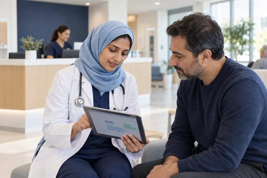 Illustrative healthcare professional reviewing a tablet in a consultation area