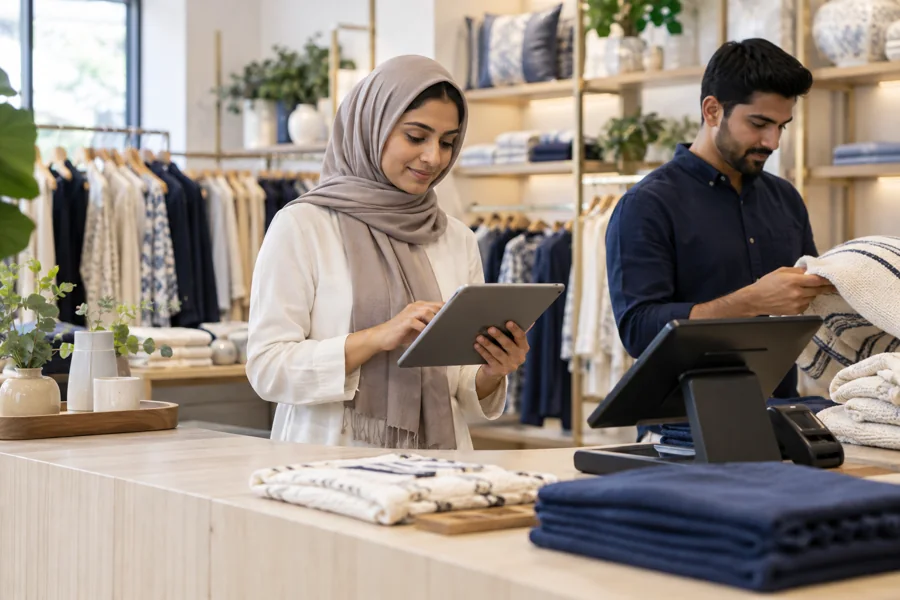 Illustrative retail professionals using digital tools in a boutique